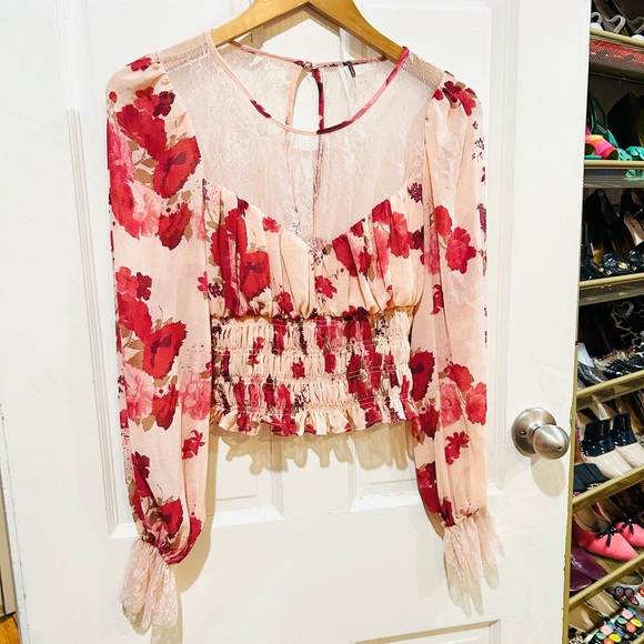 {Free People} "Daphne" Floral Lace Peplum Crop Peasant Blouse - Picture 6 of 13